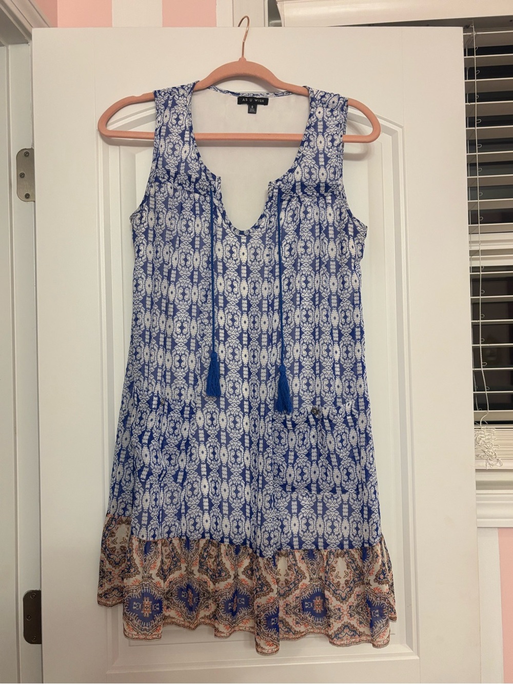 As U Wish Blue and White Printed Tank Dress with Tassel Trim